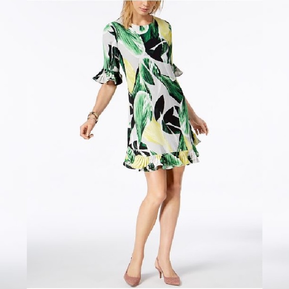 Alfani Dresses & Skirts - Alfani Petite Leaf Printed Pleated-Trim Dress